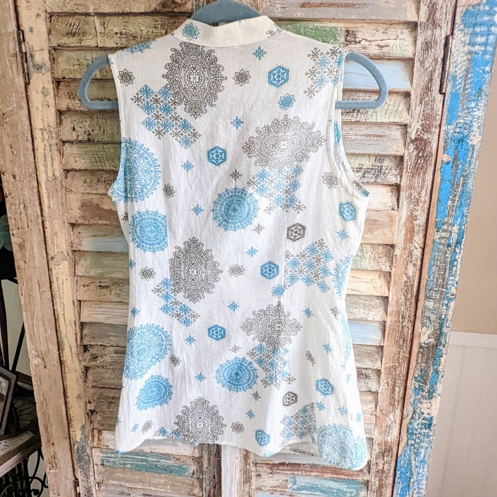Vintage Linen Wrap Tunic Shirt Sleeveless Top White Turquoise Brown Print Medium - Picture 5 of 5